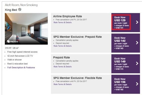 Starwood Hotels airline employee discount