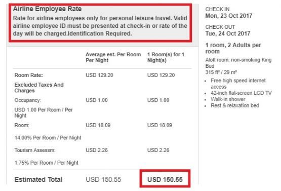 Starwood Hotels airline employee discount